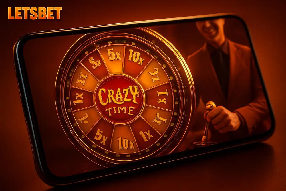 LETSBET Crazy Time — a smartphone displaying a live wheel spin game with multipliers