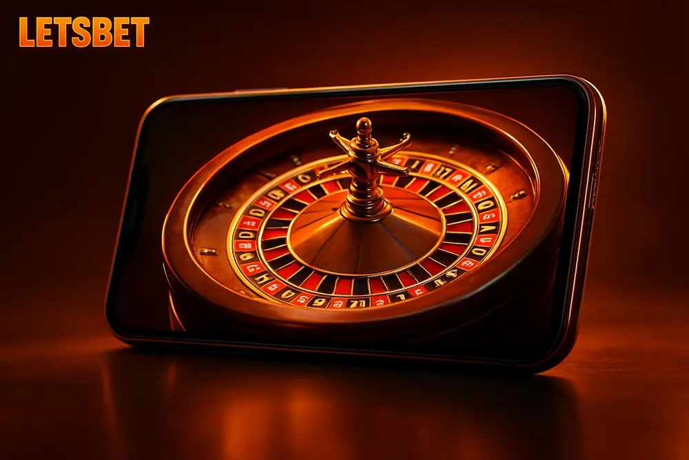 LETSBET Live Casino — a smartphone streaming a live casino roulette wheel