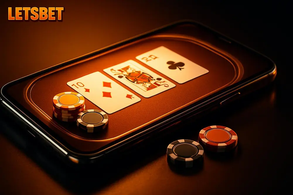 LETSBET Teen Patti โ a smartphone showing a live card game table with chips LETSBET Teen Patti โ a smartphone showing a live card game table with chips